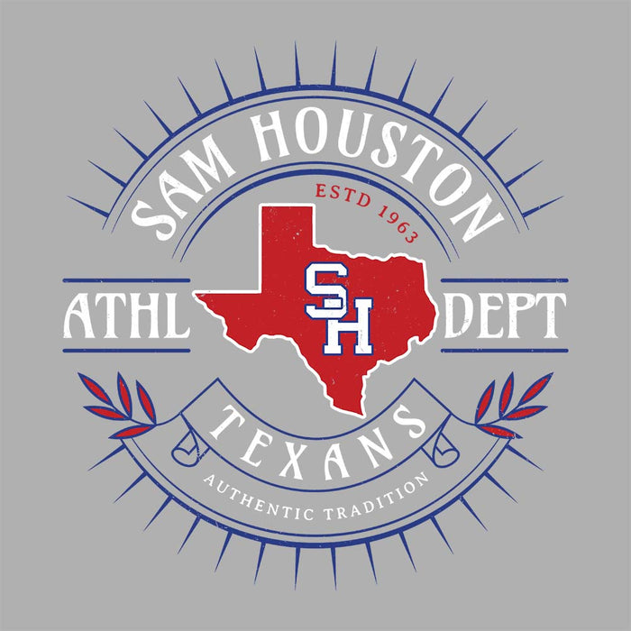 Close-up view of Sam Houston High School Texans Unisex 3/4 sleeve Raglan T-shirt 201