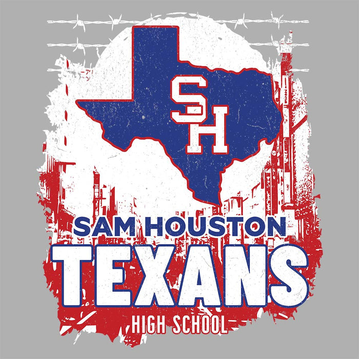 Close-up view of Sam Houston High School Texans Unisex 3/4 sleeve Raglan T-shirt 202