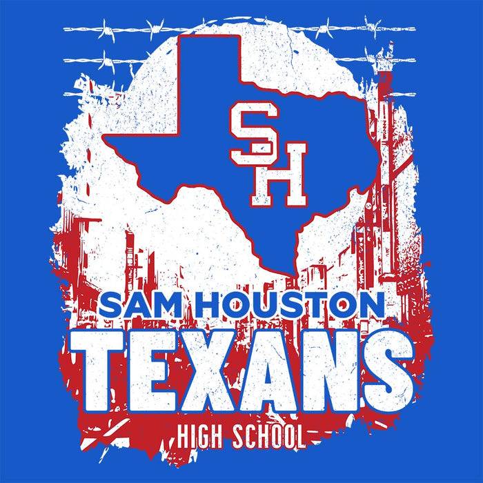 Close-up view of Sam Houston High School Texans Royal Blue Classic Unisex T-shirt 202