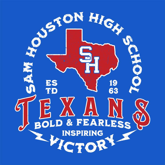 Close-up view of Sam Houston High School Texans Royal Blue Classic Unisex T-shirt 206