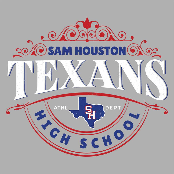 Close-up view of Sam Houston High School Texans Unisex 3/4 sleeve Raglan T-shirt 211