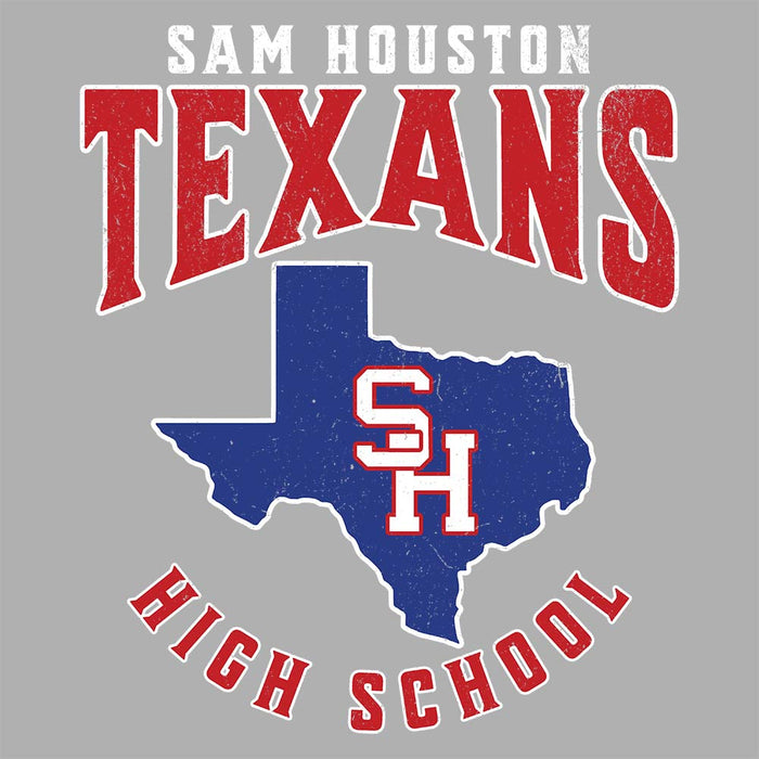 Close-up view of Sam Houston High School Texans Unisex 3/4 sleeve Raglan T-shirt 213