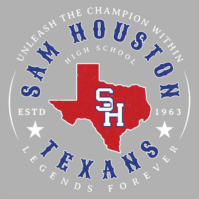 Close-up view of Sam Houston High School Texans Unisex 3/4 sleeve Raglan T-shirt 214