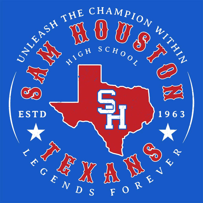 Close-up view of Sam Houston High School Texans Royal Blue Classic Unisex T-shirt 214