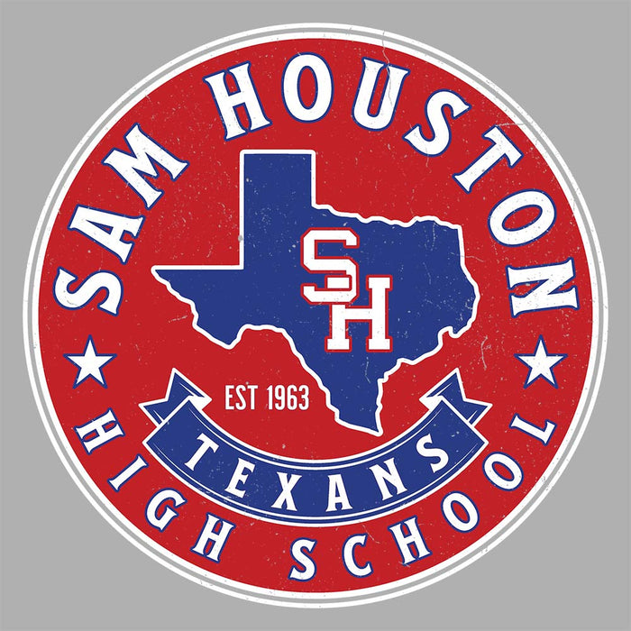 Close-up view of Sam Houston High School Texans Unisex 3/4 sleeve Raglan T-shirt 215