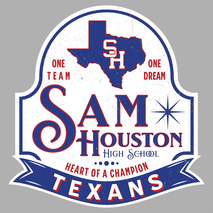 Close-up view of Sam Houston High School Texans Unisex 3/4 sleeve Raglan T-shirt 219