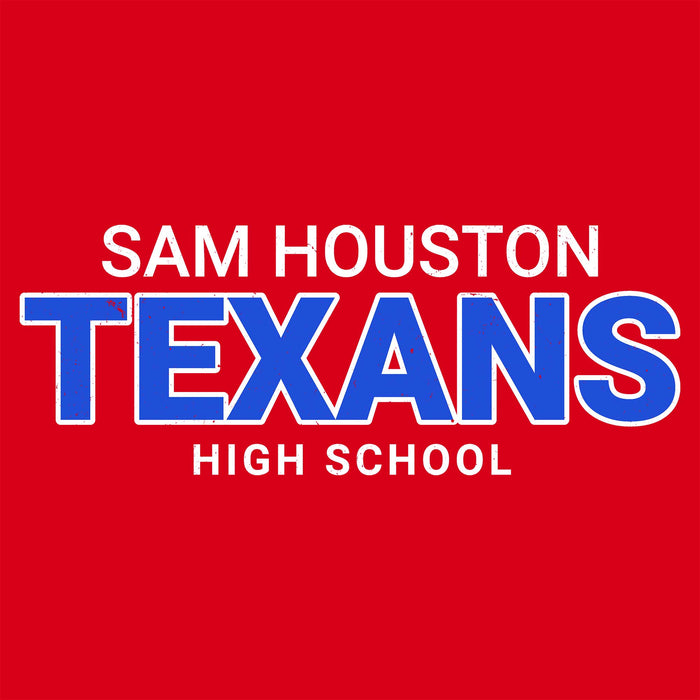 Red square graphic with the text 'SAM HOUSTON TEXANS HIGH SCHOOL' in white and blue lettering. Sam Houston High School Texans Women's Red SoftStyle T-shirt 002