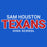 A blue square graphic with the text 'SAM HOUSTON TEXANS HIGH SCHOOL' in white and red lettering.