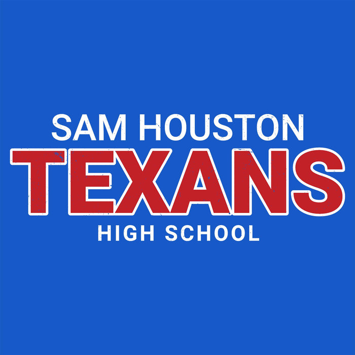 A blue square graphic with the text 'SAM HOUSTON TEXANS HIGH SCHOOL' in white and red lettering.