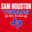 A red graphic design with the words 'SAM HOUSTON TEXANS HIGH SCHOOL' in white and blue, plus a blue Texas state outline with 'SH' inside and two white stars.