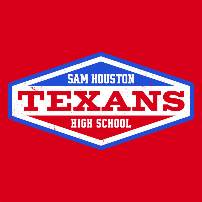 A red, white, and blue hexagonal school logo reading 'SAM HOUSTON TEXANS HIGH SCHOOL' on a solid red background.