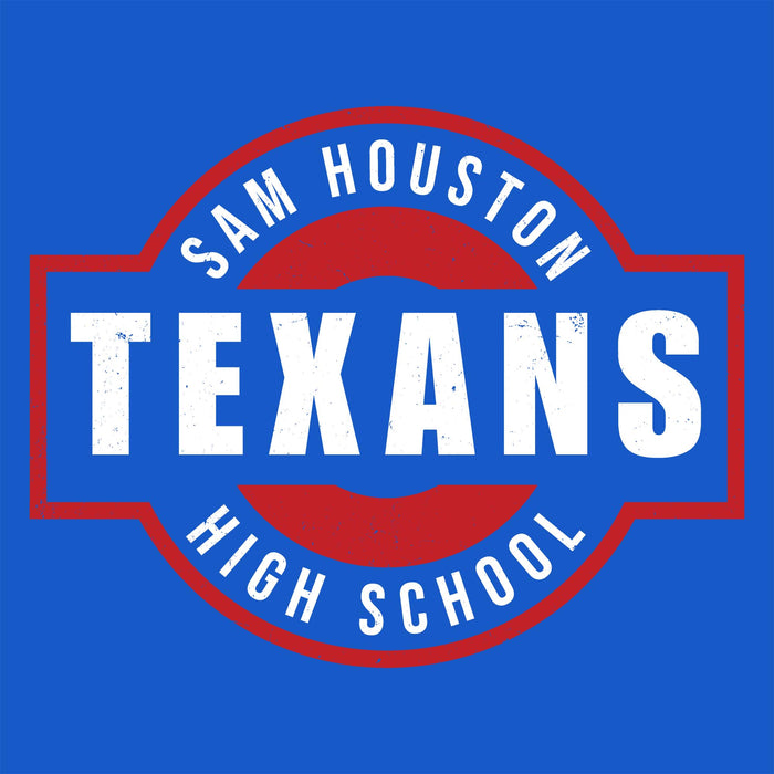 A circular red and blue logo with white text reading 'SAM HOUSTON TEXANS HIGH SCHOOL' on a solid blue background.