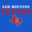 A blue graphic with the words 'SAM HOUSTON TEXANS' in white and red, plus a red outline Texas shape containing blue 'SH' letters, likely representing a team or group identity.