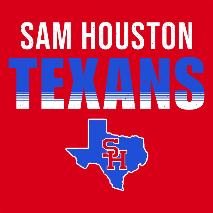 A red graphic with the words 'SAM HOUSTON' in white above large 'TEXANS' lettering in blue and white, plus a blue Texas state outline with red 'SH' initials near the bottom.