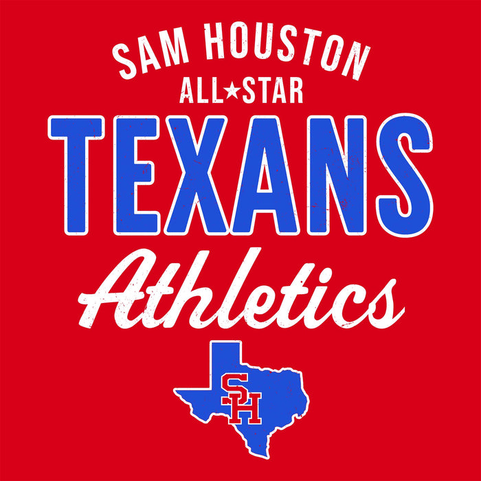 A red graphic design featuring the text 'SAM HOUSTON ALL STAR TEXANS Athletics' in white and blue, with a blue Texas state outline and 'S.H' initials at the bottom.