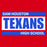 A square graphic design with a bright red background and a central white rectangular panel containing large blue text reading 'TEXANS.' Above and below, blue bars contain white text reading 'SAM HOUSTON' and 'HIGH SCHOOL' respectively.