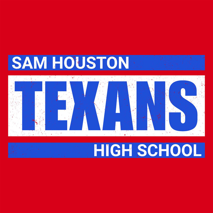 A square graphic design with a bright red background and a central white rectangular panel containing large blue text reading 'TEXANS.' Above and below, blue bars contain white text reading 'SAM HOUSTON' and 'HIGH SCHOOL' respectively. Sam Houston High School Texans Women's Red SoftStyle T-shirt 098