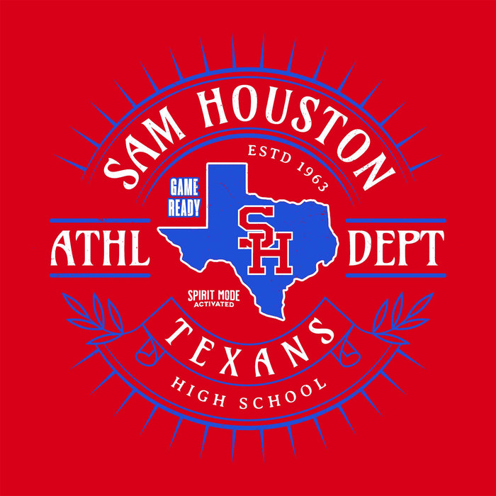 A red and blue circular graphic design featuring the text 'SAM HOUSTON', 'ATHL DEPT', 'TEXANS HIGH SCHOOL', 'GAME READY', and 'ESTD 1963' around a blue Texas state outline with red 'SH' initials.