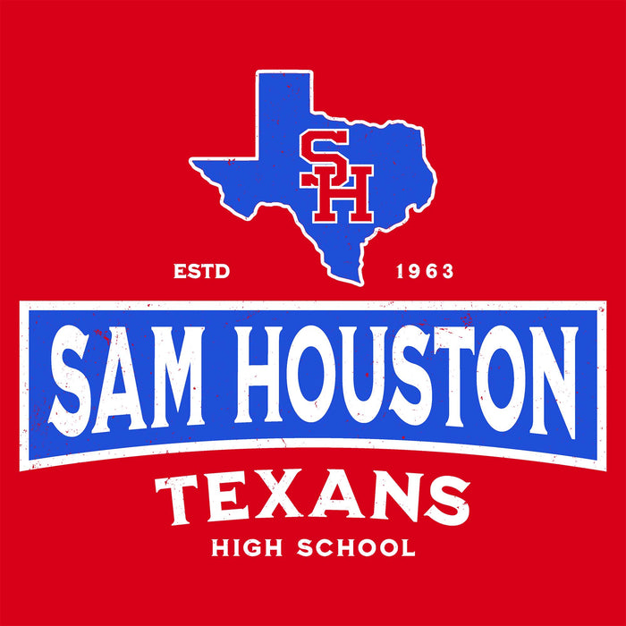 A red graphic design featuring a blue outline of Texas with red and blue 'SH' initials, the words 'ESTD 1963,' a large blue banner with white 'SAM HOUSTON,' and 'TEXANS HIGH SCHOOL' in white text below.