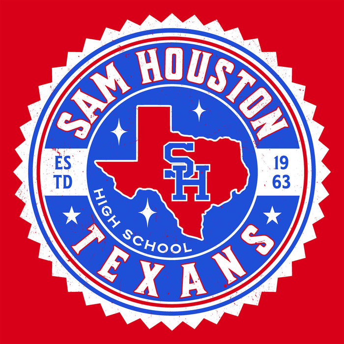 A circular red, white, and blue 'Sam Houston Texans' logo graphic with a serrated white border, shown on a solid red background.