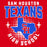 A red graphic design featuring the words 'SAM HOUSTON TEXANS HIGH SCHOOL' in white and blue, with a blue Texas state outline and red 'SH' initials in the center. Sam Houston High School Texans Women's Red SoftStyle T-shirt 204