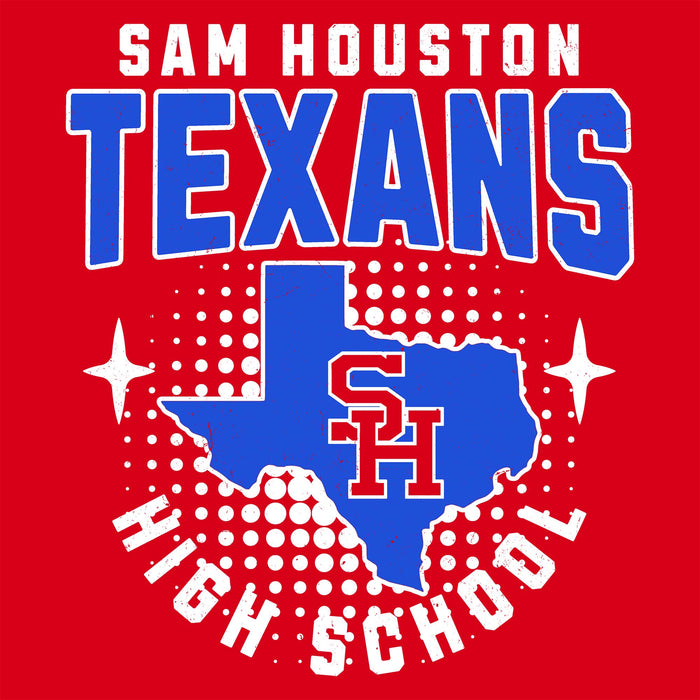 A red graphic design featuring the words 'SAM HOUSTON TEXANS HIGH SCHOOL' in white and blue, with a blue Texas state outline and red 'SH' initials in the center. Sam Houston High School Texans Women's Red SoftStyle T-shirt 204