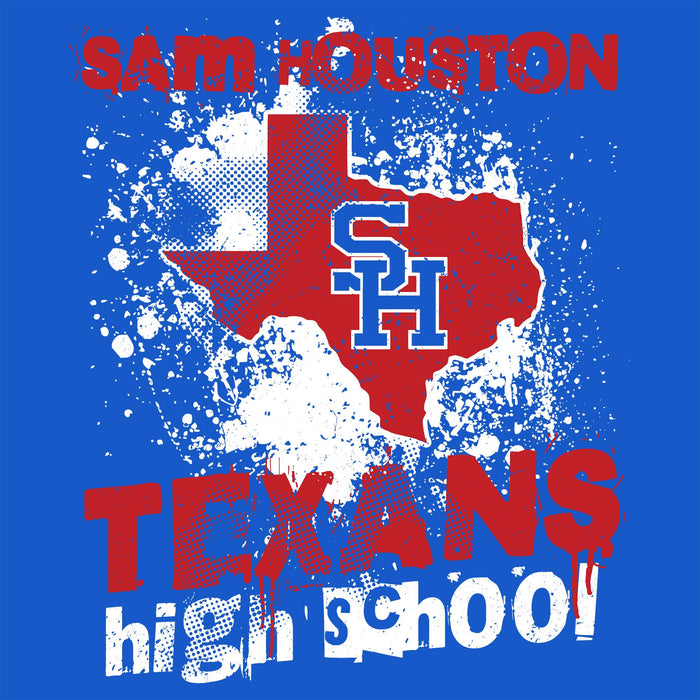 A graphic design featuring a red silhouette of Texas with a blue 'SH' monogram in the center, surrounded by white paint splatter. The text 'SAM HOUSTON' appears in distressed red at the top, and 'TEXANS high school' is written in red and white at the bottom, all on a solid blue background.