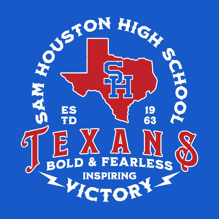 A blue graphic design featuring a red outline of Texas with a blue 'SH' monogram in the center, surrounded by white text reading 'SAM HOUSTON HIGH SCHOOL' and 'TEXAS BOLD & FEARLESS INSPIRING VICTORY' with 'EST 1963'.