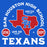 A blue graphic design featuring a red outline of Texas with a blue and white 'SH' monogram in the center, surrounded by white text reading 'SAM HOUSTON HIGH SCHOOL' and 'TEXANS,' plus smaller red and white circular badges.