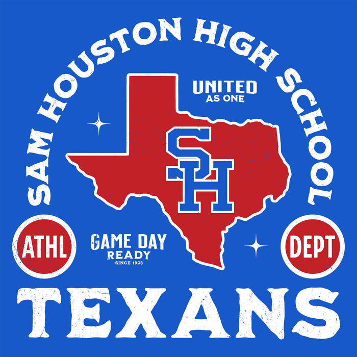 A blue graphic design featuring a red outline of Texas with a blue and white 'SH' monogram in the center, surrounded by white text reading 'SAM HOUSTON HIGH SCHOOL' and 'TEXANS,' plus smaller red and white circular badges.