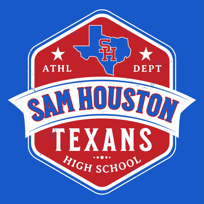 A red, white, and blue shield-style logo reading "SAM HOUSTON TEXANS HIGH SCHOOL" with a blue Texas outline and letters "SH" at the top, centered on a solid blue background.
