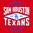 A red graphic design featuring distressed white and blue text that reads 'UNSTOPPABLE SPIRIT SAM HOUSTON GAME READY TEXANS PROUD TRADITION' with a central diamond logo containing 'SH'.