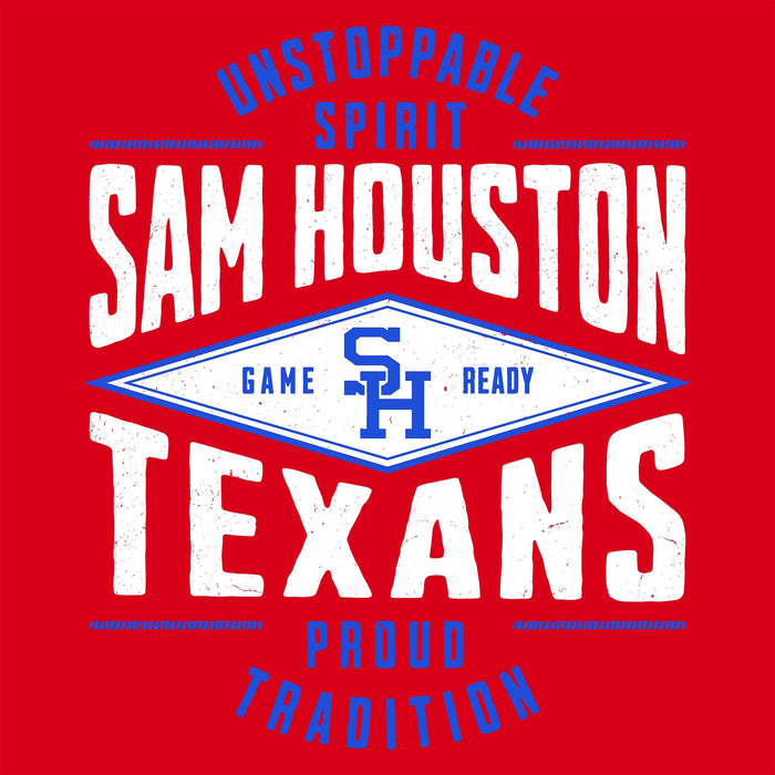 A red graphic design featuring distressed white and blue text that reads 'UNSTOPPABLE SPIRIT SAM HOUSTON GAME READY TEXANS PROUD TRADITION' with a central diamond logo containing 'SH'. Sam Houston High School Texans Women's Red SoftStyle T-shirt 210