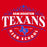 A red graphic design featuring the text 'SAM HOUSTON TEXANS HIGH SCHOOL' in white and blue, with a blue outline arch and a blue Texas state silhouette containing the letters 'SH'.