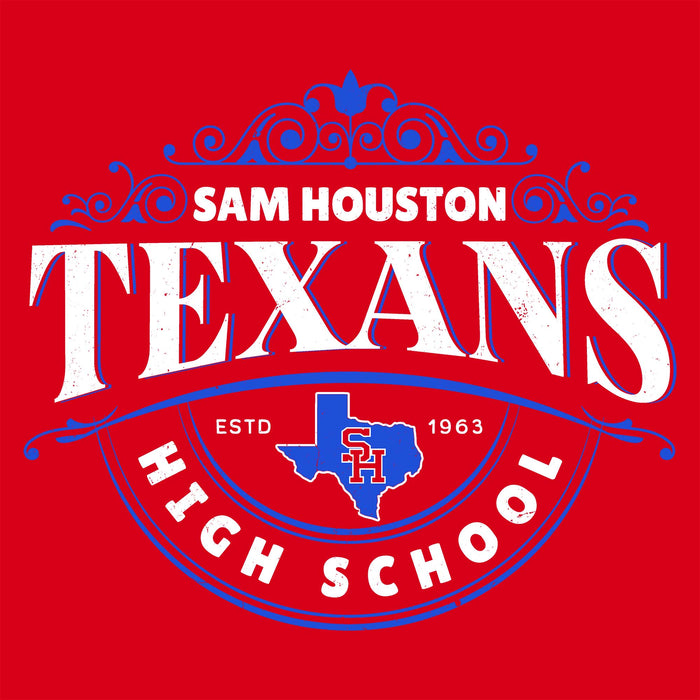 A red graphic design featuring the text 'SAM HOUSTON TEXANS HIGH SCHOOL' in white and blue, with a blue outline arch and a blue Texas state silhouette containing the letters 'SH'.