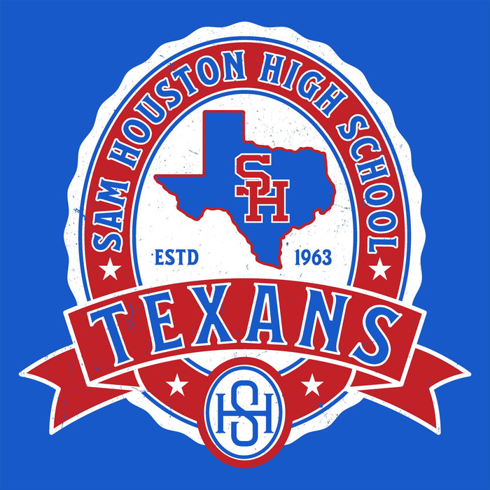 A circular red, white, and blue Sam Houston High School Texans emblem on a solid blue background, featuring a Texas-shaped outline with an SH logo, the words 'SAM HOUSTON HIGH SCHOOL,' 'TEXANS,' and 'ESTD 1963.'.