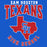A blue graphic design featuring the text 'SAM HOUSTON TEXANS HIGH SCHOOL' in red and white, with a red outline of Texas containing the letters 'SH'.