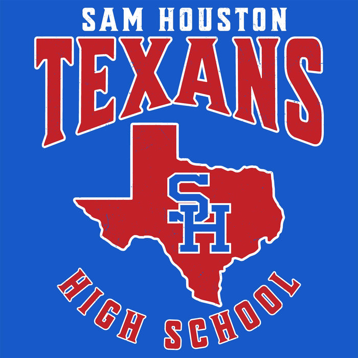A blue graphic design featuring the text 'SAM HOUSTON TEXANS HIGH SCHOOL' in red and white, with a red outline of Texas containing the letters 'SH'.