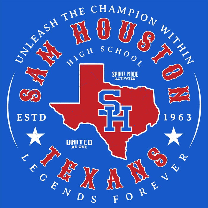 A blue graphic design featuring a red silhouette of Texas with a blue and red 'SH' monogram in the center, surrounded by white and red text reading 'SAM HOUSTON HIGH SCHOOL' and 'TEXAS LEGENDS FOREVER,' with 'ESTD 1963' and 'SPIRIT MODE ACTIVATED.'.