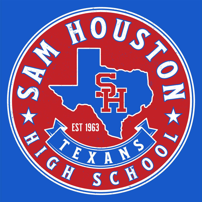 A circular red, white, and blue Sam Houston High School logo featuring the Texas state outline with an 'SH' monogram, surrounded by the words 'SAM HOUSTON HIGH SCHOOL' and 'TEXANS'.