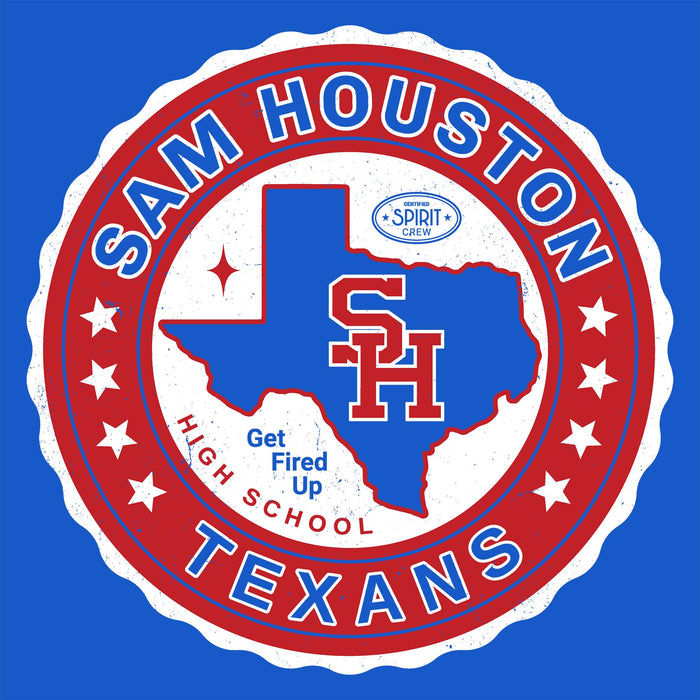 A circular red, white, and blue Sam Houston Texans logo graphic on a solid blue background, featuring the Texas state outline, 'SAM HOUSTON' and 'TEXANS' text, stars, and a small Spirit of Texas emblem.