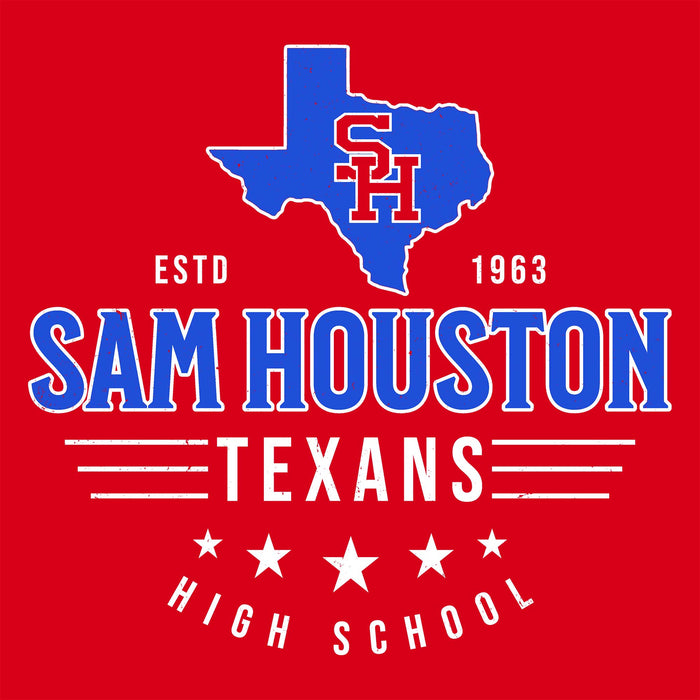 A red graphic design featuring a blue outline of Texas with red and white 'SH' initials inside, plus the words 'SAM HOUSTON TEXANS HIGH SCHOOL' in blue and white, with 'ESTD 1963' above. This appears to be a logo or print design rather than a photographed physical product.