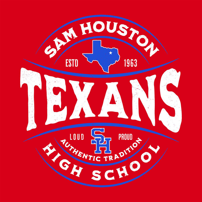 A red graphic design featuring the text 'SAM HOUSTON TEXANS' in white with blue accents, including a blue silhouette of Texas and the letters 'SH' in the center. Sam Houston High School Texans Women's Red SoftStyle T-shirt 218