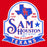 A vintage-style Texas high school graphic with a white shield shape outlined in blue, featuring a blue Texas state silhouette with red 'SH' initials, large blue and red 'SAM HOUSTON' lettering, a blue star, and a blue ribbon banner reading 'TEXANS' on a solid red background. Sam Houston High School Texans Women's Red SoftStyle T-shirt 219