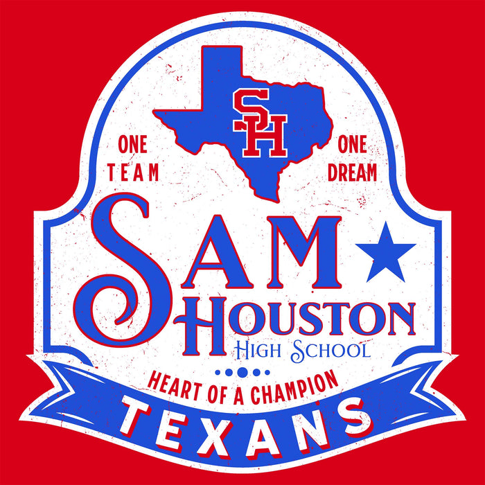 A vintage-style Texas high school graphic with a white shield shape outlined in blue, featuring a blue Texas state silhouette with red 'SH' initials, large blue and red 'SAM HOUSTON' lettering, a blue star, and a blue ribbon banner reading 'TEXANS' on a solid red background. Sam Houston High School Texans Women's Red SoftStyle T-shirt 219