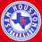 A circular red, white, and blue Sam Houston Texans logo with distressed texture, featuring the Texas state outline and SH initials on a solid red background.