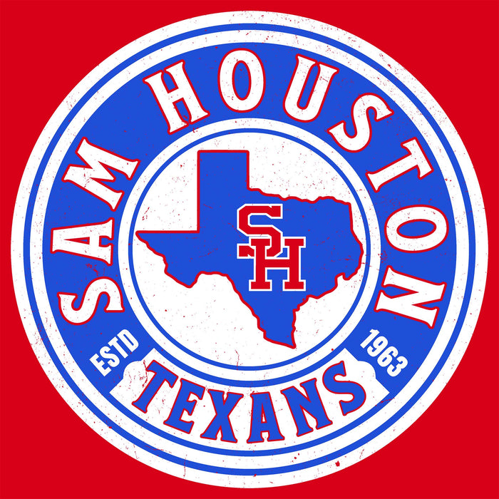 A circular red, white, and blue Sam Houston Texans logo with distressed texture, featuring the Texas state outline and SH initials on a solid red background.