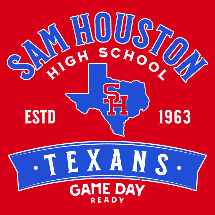A red graphic design featuring the text 'SAM HOUSTON HIGH SCHOOL' in blue and white, a blue outline of Texas with an 'SH' monogram, 'ESTD 1963', a blue banner reading 'TEXANS', and 'GAME DAY READY' at the bottom.