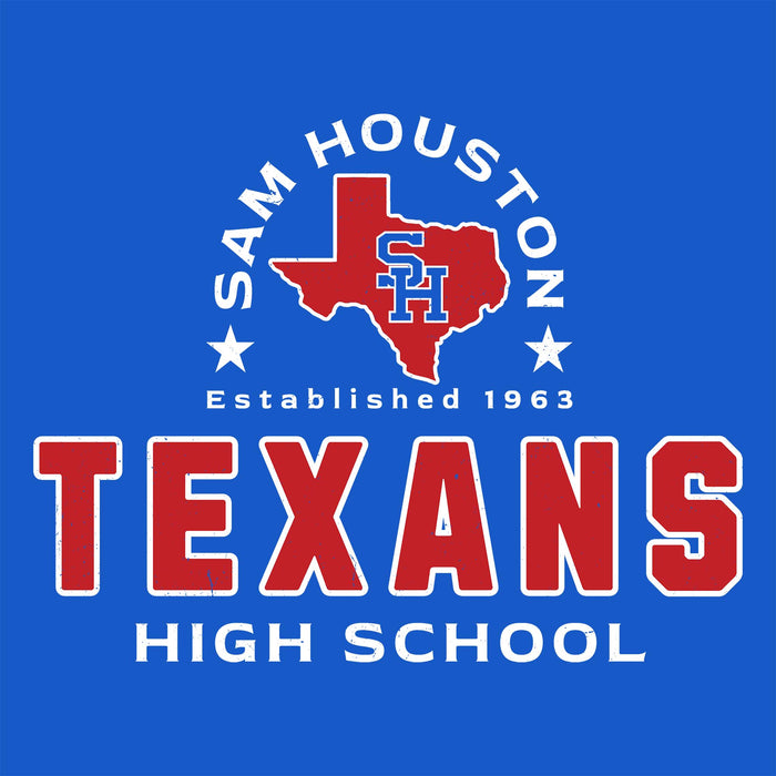 A blue graphic with a red and white Sam Houston High School logo featuring the Texas state outline, stars, and the text 'SAM HOUSTON', 'Established 1963', and 'TEXANS HIGH SCHOOL'.