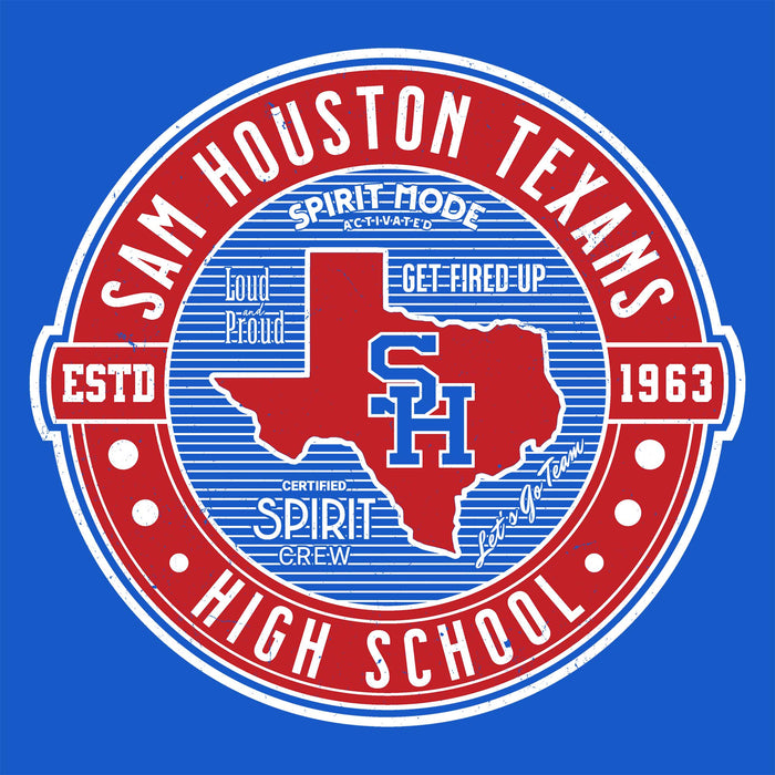 A circular red, white, and blue graphic on a solid blue background reading 'SAM HOUSTON TEXANS' with 'HIGH SCHOOL' at the bottom, a red Texas outline in the center, and 'SH' lettering over it. Smaller text includes 'ESTD 1963', 'SPIRIT MODE ACTIVATED', 'LOUD PROUD', and 'GET FIRED UP'.